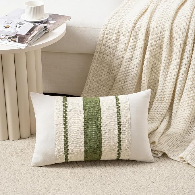 Fancy Homi Set of 2 Boho Moss Green Long Lumbar Decorative Throw Pillow Cover 12x24 Inch for Couch Bed Sofa Chair, Modern Organic Farmhouse Home Decor, Soft Cotton Cute Accent Rectangle Cushion Case
