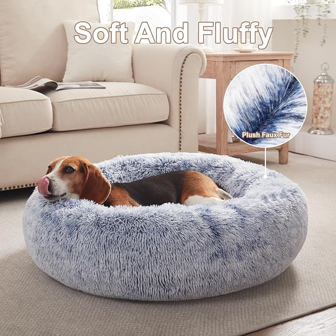 33 in Faux Fur Fluffy Donut Dog Bed for Medium Plus Dogs,Dark Blue | Calming Plush Round Pet Bed with Removable & Washable Cover,Fits up to 65 lbs Pets