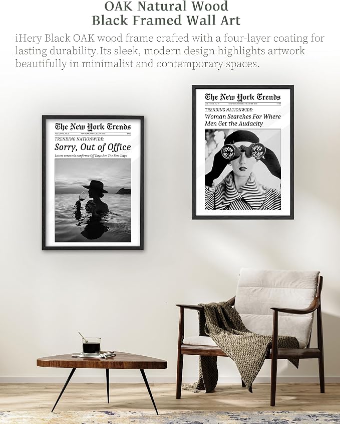 iHery 12x16in Sorry, Out of Office Framed Newspaper Wall Art | Premium Black OAK Wood Frame with Canvas Print, Coastal Vacation Decor for Bedroom, Dorm, Living Room and Bar Cart, 1Pack