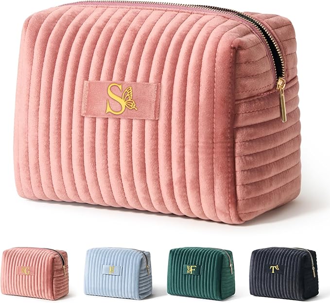 COSHAYSOO Mom Birthday Gifts Mothers Day Gift Ideas for Mama Grandma New Mommy from Daughter Travel Makeup Bag Quilted Make Up Cosmetic Pouch Cool Aesthetic Monogram Pink Velvet Initial Letter S