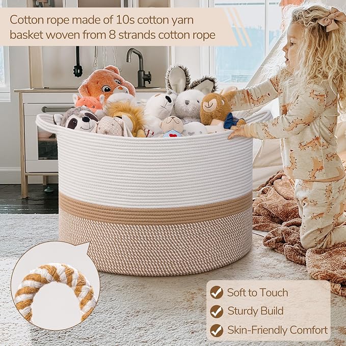 INDRESSME 115L Extra Large Woven Rope Blanket Basket Living Room WhiteCamel | 23.6" x 15.7" Storage baskets for toys laundry & pillows. Fits living room, bedroom or nursery décor. Soft-touch with handles