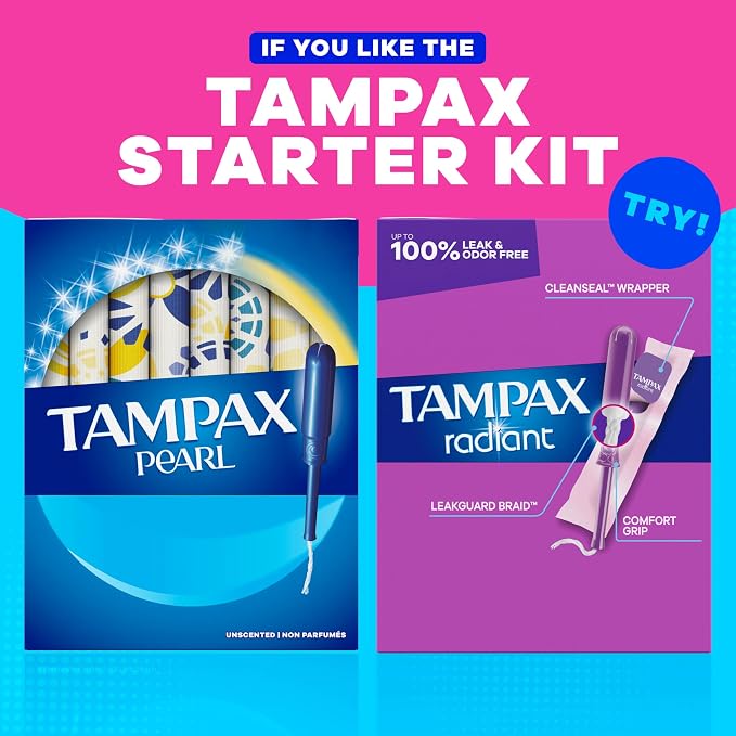 Tampax Starter Kit Multipack, with LeakGuard Braid, Regular/Super Absorbency, Easy First Tampon Trial, Unscented, 12 Count
