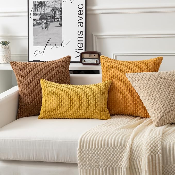 Kevin Textile Soft Corduroy 12"x24" Pillow Cover 1 Pack, Mustard Yellow | Boho Stripe Plush Corduroy Decorative Oblong Cushion Cover Modern Farmhouse Home Decor for Sofa Couch Bed Chair