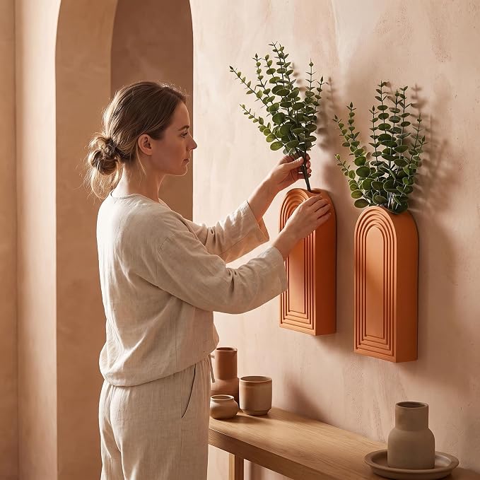 Dnnnii 2 Pack Wooden Wall Vase Set - Orange Finish Modern Farmhouse & Boho Wall Decor for Entryway, Hallway, Bathroom, Living Room, Dining Room, Narrow Spaces