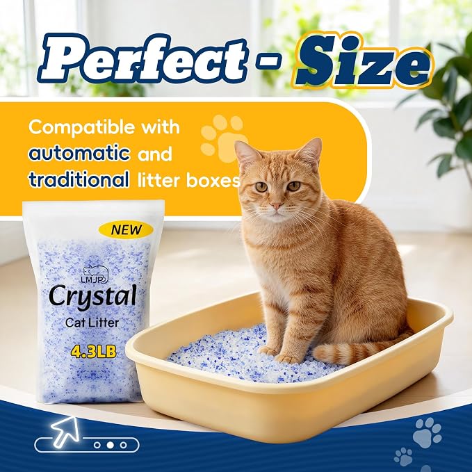 LMJP Crystal Cat Litter for Long-Lasting Odor Control, Non-Clumping, 8.6lb | 2 Months Supply, Unscented, Rapid Water Absorption, Low Tracking, Low Dust, Lightweight, Blue & White Silica, 2 Pack of 4.3lb