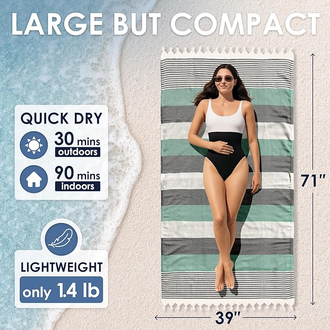 ATANI Turkish Beach Towel (71x39 Inches), Converts to a Bag, Oversized 100% Cotton Bath Towels Lightweight Quick-Dry Beach Blanket for Travel, Picnic, Camping, Yoga and Pool (Green x Black)