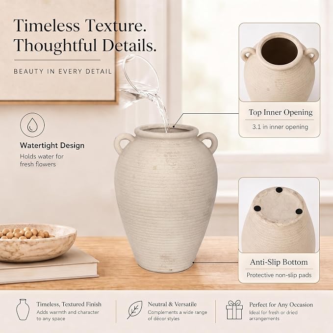 8.7" Beige Ceramic Vase with Handles for Home Decor | Textured ceramic vase with handles; vintage ceramic vase styling; a watertight small decorative vase for flowers and tables