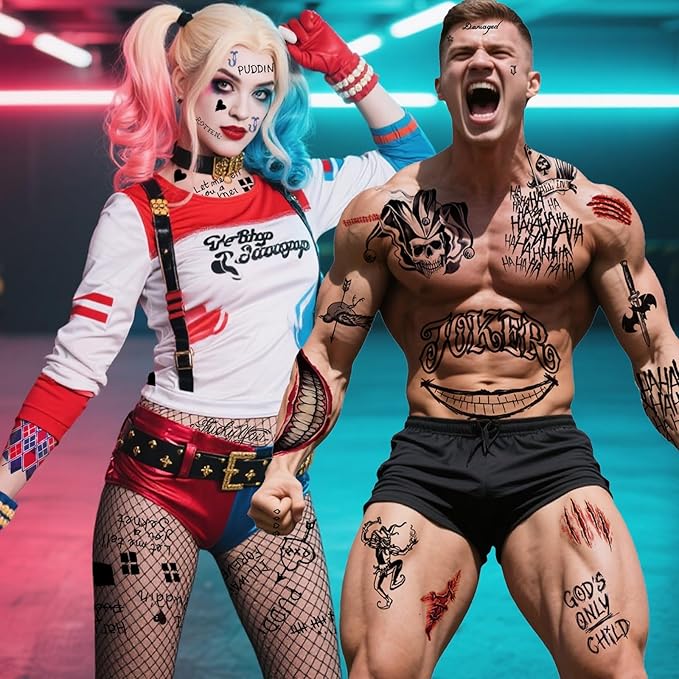 Joker Tattoos Temporary Halloween - 16 Sheets Temporary Tattoos for Men Fake Tattoo Stickers Joker and HQ Couples Costumes Masquerade Cosplay Party Accessories Makeup