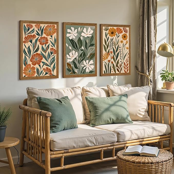 Urmoya 3 Pieces Boho Floral Decor Flower Market Wall Art, 20x30 Inch | Wood framed, Chic green and beige botanical trio, Ready to hang, for living room, Office, or guest bedroom home decor