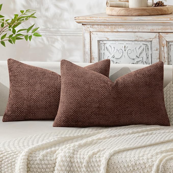 MIULEE Dercorative Lumbar Throw Pillow Covers 12x20 Red Brown 2 Pack | Modern Boho Accent, Soft Chenille Pillow Covers, Farmhouse Cushion Cases for Couch Bed Sofa Living Room Home Decor