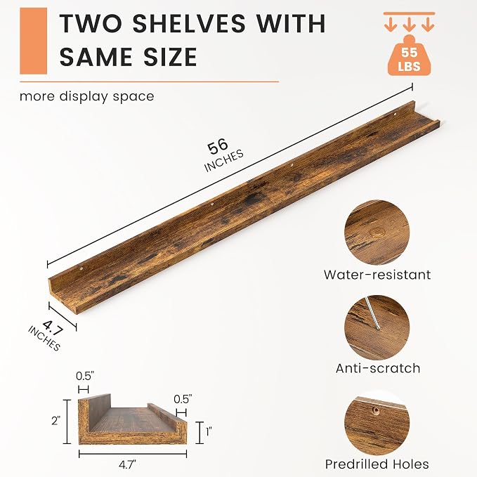 Picture Ledge Shelf, Long Floating Shelves for Wall, 56" W Set of 2, Brown | FSC Certified Engineered Wood, Wall Mounted Bookshelf, for Nursery Living Room Bedroom, Pre-Drilled, Easy Install