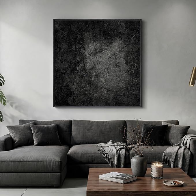 Extra Large Framed Black Abstract Wall Art for Living Room, Modern Square Canvas Painting Artwork for Walls, Minimalist Dark Moody Pictures for Bedroom Dining Room Hallway Office Wall Decor, 48x48 In