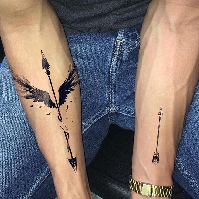 2 Sheets Long Lasting Angel Wing Temporary Fake Tattoos For Men Back,Arrow Trident Semi Permanent Tattoo For Adults Boys,Realistic, Waterproof and Non-Reflective