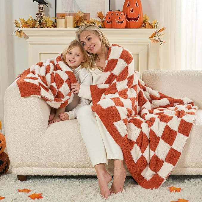 Snuggle Sac Orange Throw Blanket for Fall,Soft Twin Size Fall Checkered Blanket for Couch, Cozy Faux Fur Knit Microfiber Blankets for Sofa, Bed, Orange Checker,60x80 inches