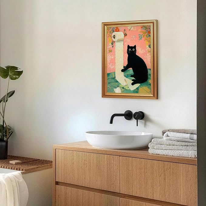 ICHZUMW Gold Framed Funny Black Cat Toilet Paper Canvas Wall Art, 8x10 In | Quirky Cat Print Humorous Pink Bathroom Wall Decor, Restroom Powder Room Guest Toilet, Fade Resistant, Ready to Hang
