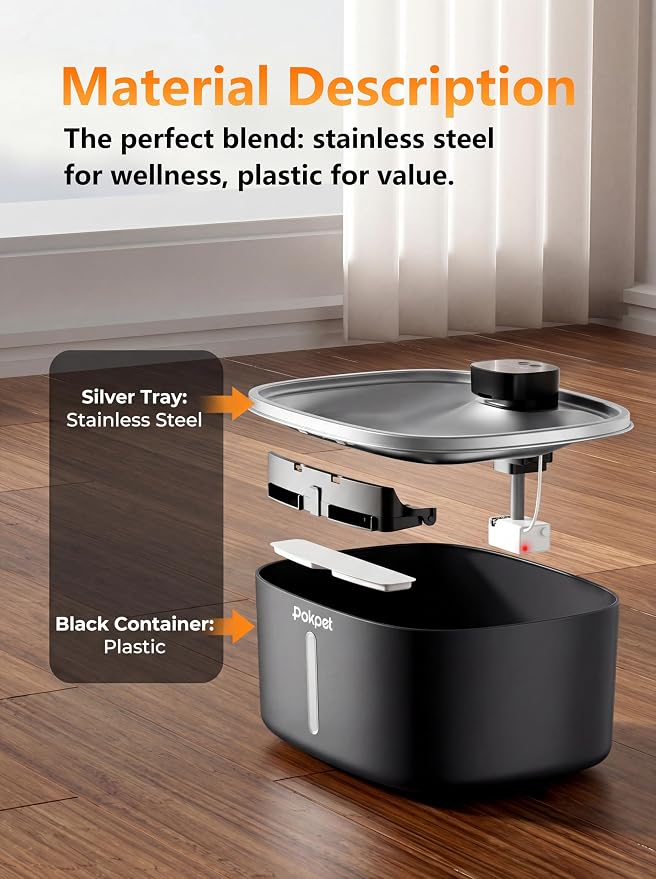 Dog Water Fountain Indoor Homes Stainless Steel 10L/2.64GAL Plug in Plastic Reservoir Stainless Steel Water Bowl Filtered Multi-Pet Quiet Large Black Plug-in &1Filter