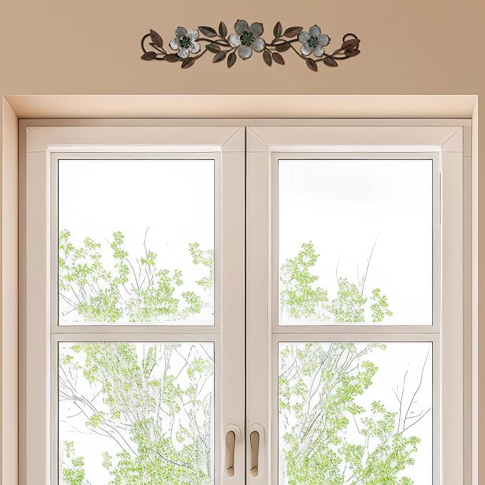 Wesiti Metal Flower Wall Decor Vintage Metal Flower Wrought Iron Scroll Sculpture 15.7''x3.7'' Not 3D, Flat Farmhouse Leaf Wall Decor with Nails for Summer Bedroom Kitchen Indoor Outdoor(Silver Gray)