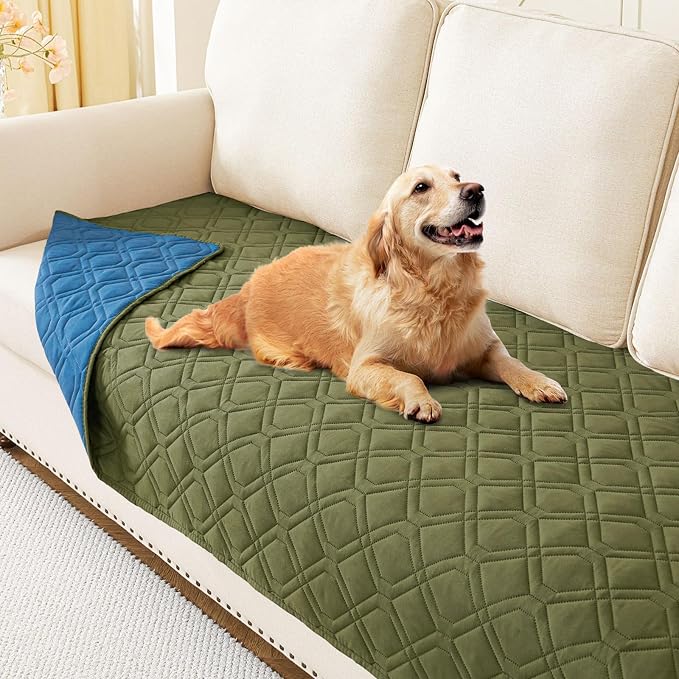 Waterproof Dog Bed Blanket - Soft Pet Blanket & Sofa Cover for Dogs | Reversible Washable Furniture Protector, Couch Covers for Pets (30x70 Inch, Green/Navy Blue)