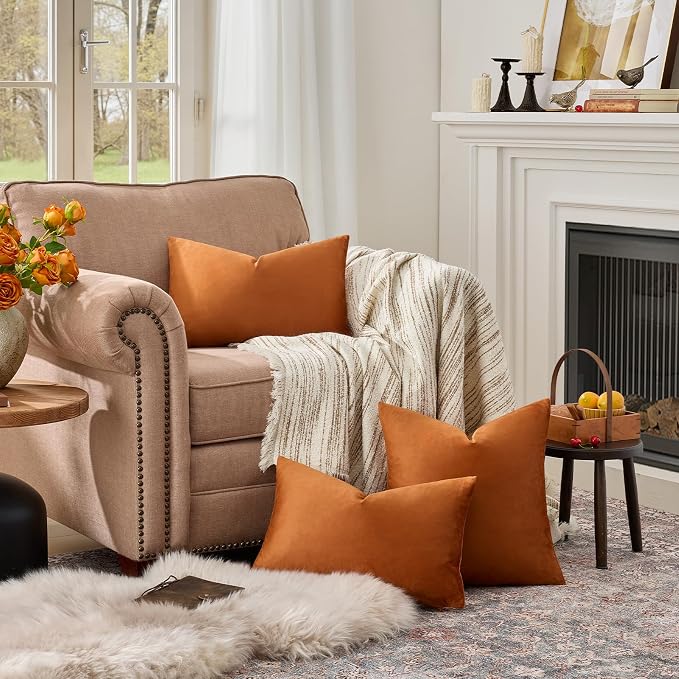 GIGIZAZA Burnt Orange Velvet Throw Pillow Covers 12x20 Pack of 2 | Decorative Lumbar Pillows for Couch Sofa,280gsm Soft Textured Fabric,Modern Pillowcases,Luxury Cushion Covers