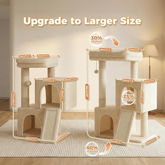 PAWZ Road Cat Tree, 35" Cat Tower with Dual Condos for Indoor Cats, Beige | cat tree tower with enlarged perch, scratching ramp, dual condos and large base for small & adult cats