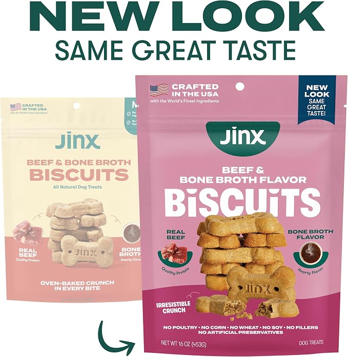 Jinx Oven-Baked Beef Bone Broth Biscuit Treats, Crunchy, All Natural, Superfood-Rich with Real Beef, Pumpkin & Blueberries, 16oz | 1-Pack Crunchy & Healthy Dog Treat, Superfood-Rich with Real Grass Fed Beef, Dog Cookies for Puppies, Adults & Senior Dogs