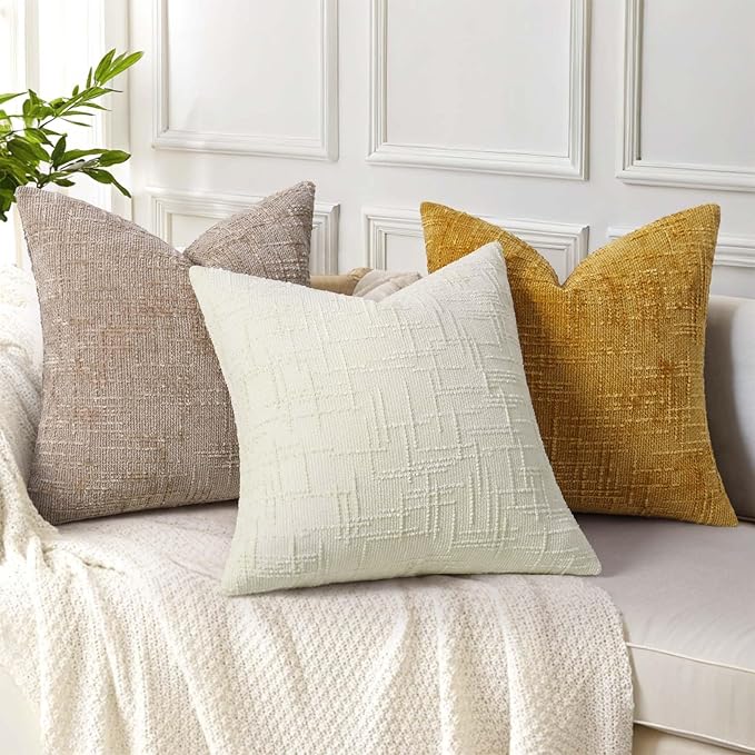 decorUhome Textured Chenille Throw Pillow Covers 22x22 Set of 2 Oatmeal | Fall Modern Farmhouse Soft Cozy Slubby Couch Pillow Cases Boho Decorative Pillow Cases for Bed Sofa Living Room Home Decor