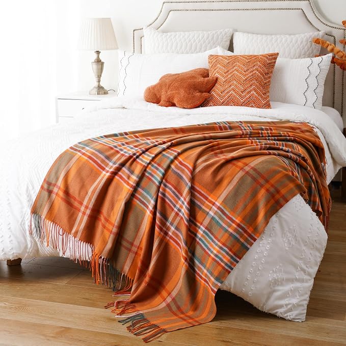 Orange Plaid Throw Blanket for Couch, Fall Throw Blanket 50"x60" Fall Decor | Lightweight Buffalo Plaid Blanket Throw, Soft Woven Throws with Tassels, Checkered Blanket for Bed, Sofa, Autumn, Home Decor