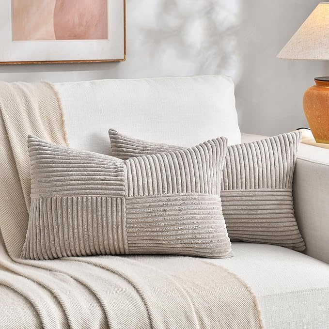 Fancy Homi Taupe Lumbar Decorative Throw Pillow Covers 26x16 Inch for Living Room Couch Bed Sofa, Farmhouse Home Decor, Soft Striped Corduroy Rectangle Accent Cushion Case 40x65 cm