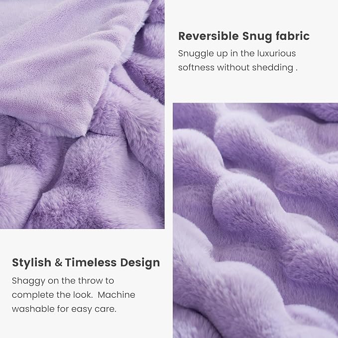 Cozy Bliss Faux Fur Throw Blanket for Couch, Fuzzy Soft Plush Thick Bubble Blanket for Sofa Bedroom Living Room, 60 * 80 Inches Lavender Purple
