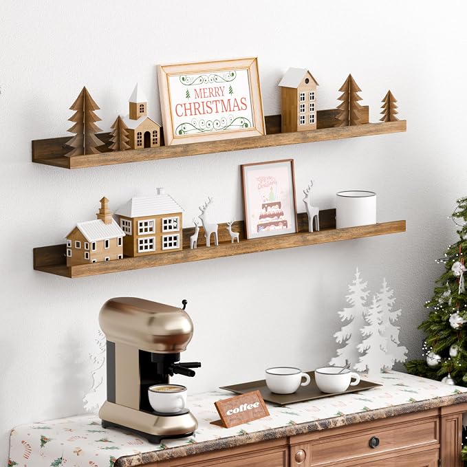 upsimples Floating Shelves for Wall Decor and Storage, Brown, 6Pcs 35.5'' | Wall Mounted Wood Shelves for Living Room, Bedroom, Kitchen, Office, Nursery Room, Coffee Bar Display and Organize