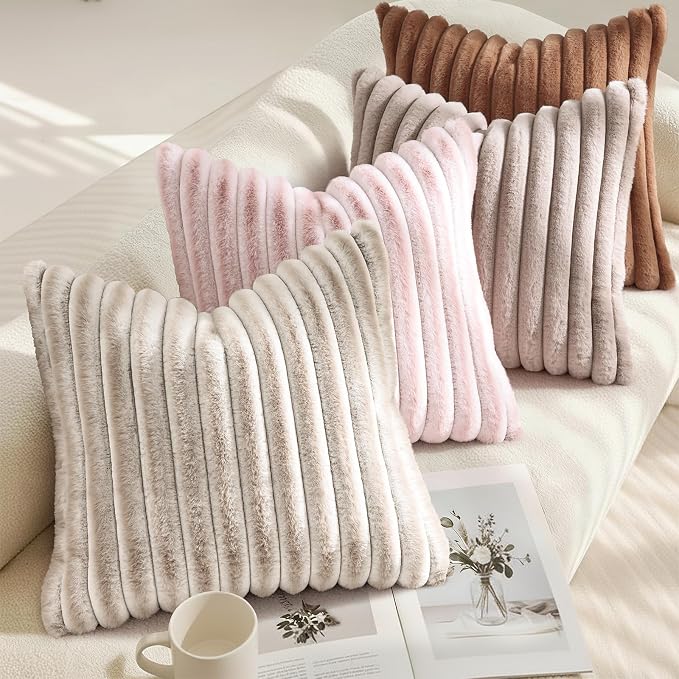 decorUhome Fall Faux Fur Throw Pillow Covers 24x24 Set of 2 Brown | Decorative Soft Cozy Striped Plush Modern Farmhouse Boho Couch Pillow Cases Velvet Back for Sofa Bed Living Room Home Decor