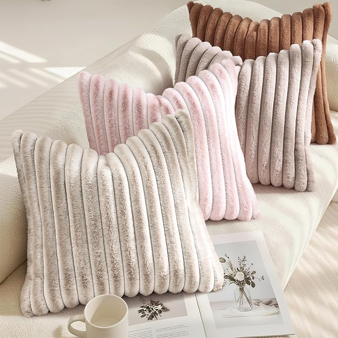 decorUhome Fall Faux Fur Throw Pillow Covers 18x18 Set of 2 Pink White | Decorative Soft Cozy Striped Plush Modern Farmhouse Boho Couch Pillow Cases Velvet Back for Sofa Bed Living Room Home Decor