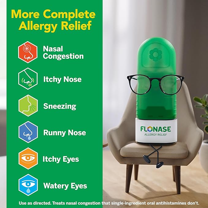 Flonase Allergy Relief Nasal Spray, 24-Hour Non-Drowsy Multi-Symptom Relief – 144 Sprays (Pack of 2) plus Bonus Pack of Tissues
