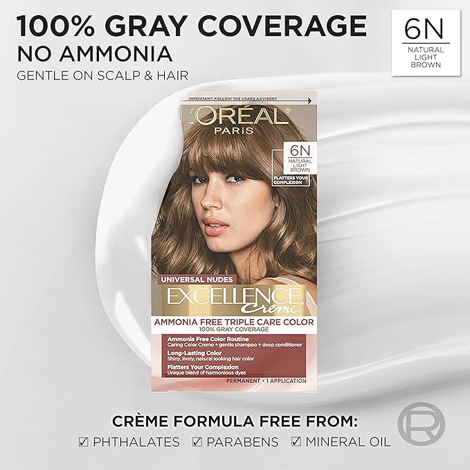L’Oreal Paris Excellence Universal Nudes Permanent Hair Color, Ammonia Free Hair Dye for Gray Hair Coverage, 6N Natural Light Brown, 1 Kit (Pack of 2)