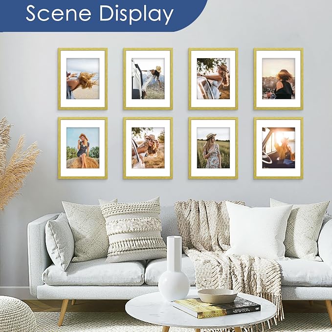 11x14 Picture Frame Set of 6, Wall or Tabletop Display, Gold | Display Pictures 8x10 with Mat or 11x14 Without Mat, Horizontal or Vertical, Gallery Wall Frame Set, Wedding Birthday Gifts