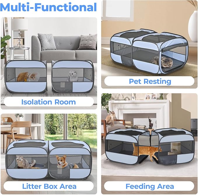 2-in-1 Pop Up Cat Playpen, Detachable into 2 Separate Pens with Additional Doors, Assembly-Free Portable Dog Crates Pet Pen Tent Kennel Kitten Puppy Enclosure Cage Indoor Outdoor Foldable Condo(M)