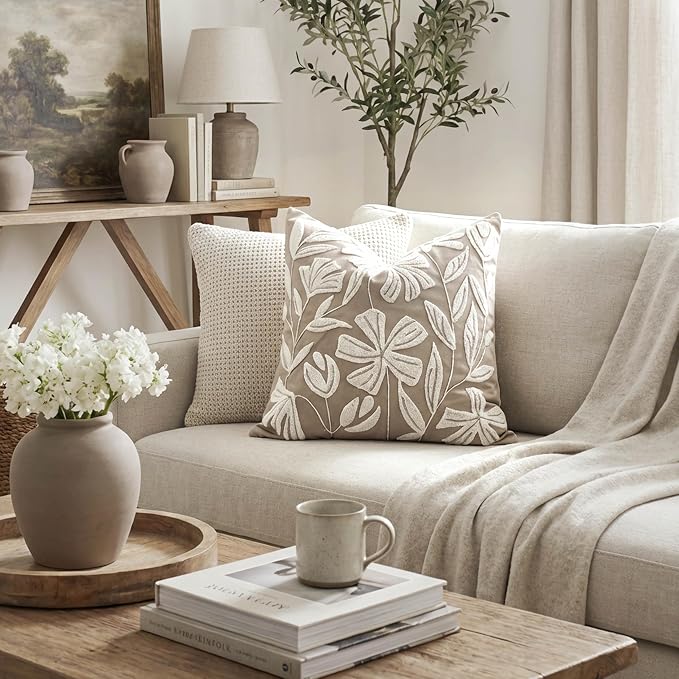 Decorative Throw Pillow Cover 20x20, Light Taupe Velvet Accent Cushion Cover for Couch Sofa Living Room, Floral Tufted Square Pillowcase (Cover Only)