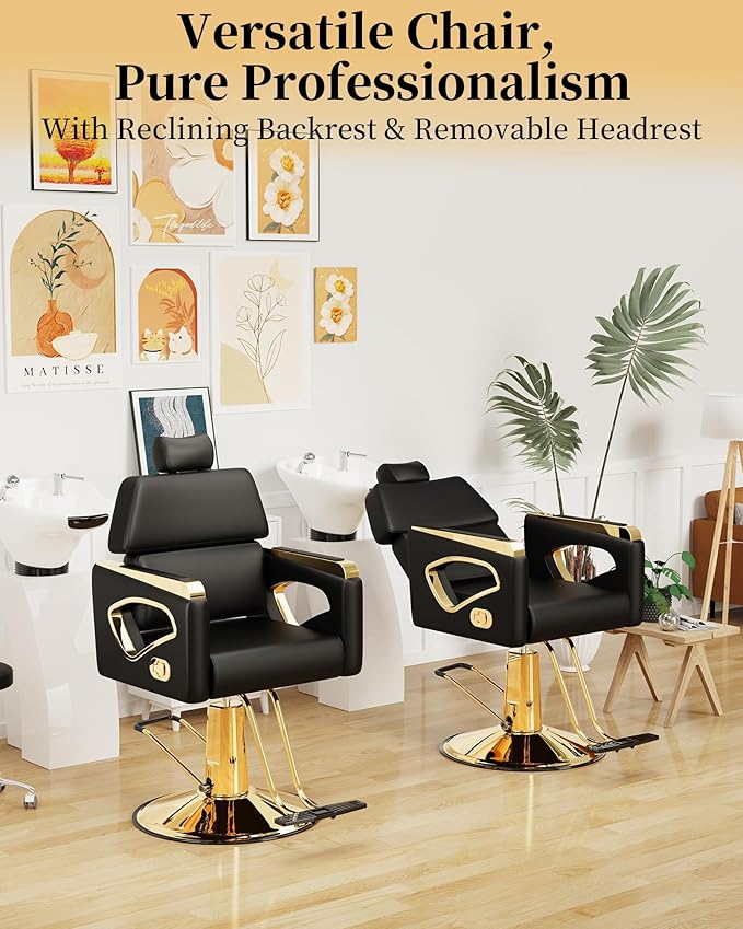 Baasha Modern Black & Gold Reclining Salon Chair - 135° Recline All Purpose Barber Chair with Headrest - Heavy Duty Hydraulic Styling Chair for Makeup, Lash, Shaving & Tattoo - 440 lbs Cap.