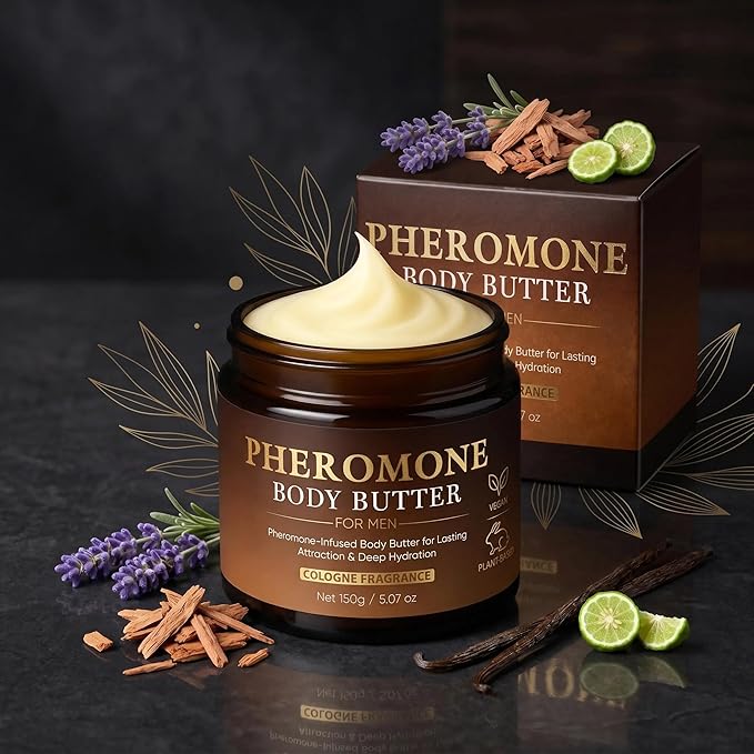 Pheromone Body Butter for Men, Cologned Skin Body Cream with Shea Butter, Cocoa Butter & Coconut Oil, Non-Greasy, Long-Lasting Scent, Alcohol-Free, Vegan, 5 oz (1 pack)