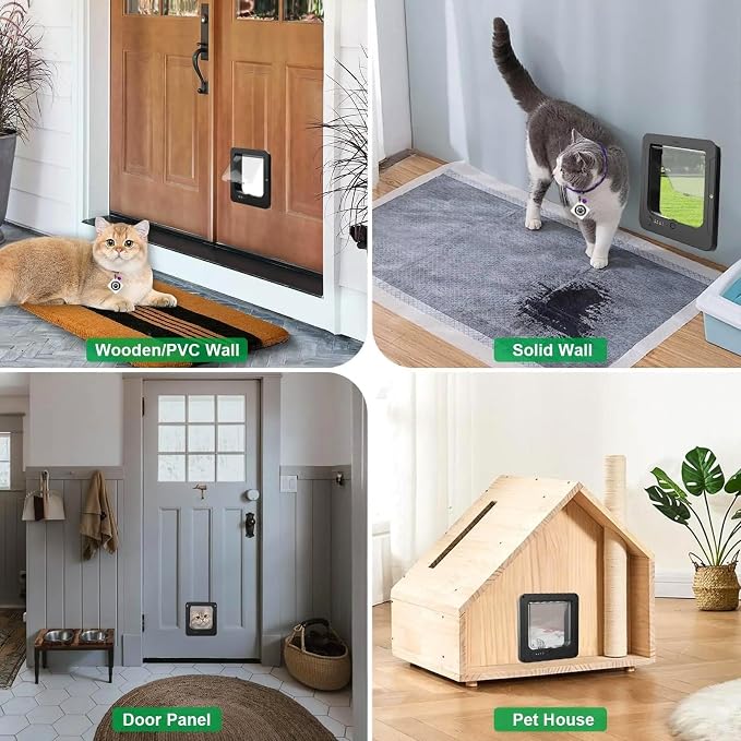 Microchip Cat Flap 11.5" x 10", Automatic RFID Pet Door with 2 Collar Sensors & Remote Control, 4-Way Locking Weatherproof Smart Cat Door for Small Dogs Black