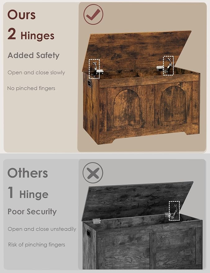 Storage Chest, Wooden Toy Box, Rustic Brown 31.5" L | Entryway Shoe Bench, 2 Soft-close Hinges, Finger-safe Flip-Top Lid, Easy Assembly, Farmhouse Large Trunk, Living Room/Bedroom