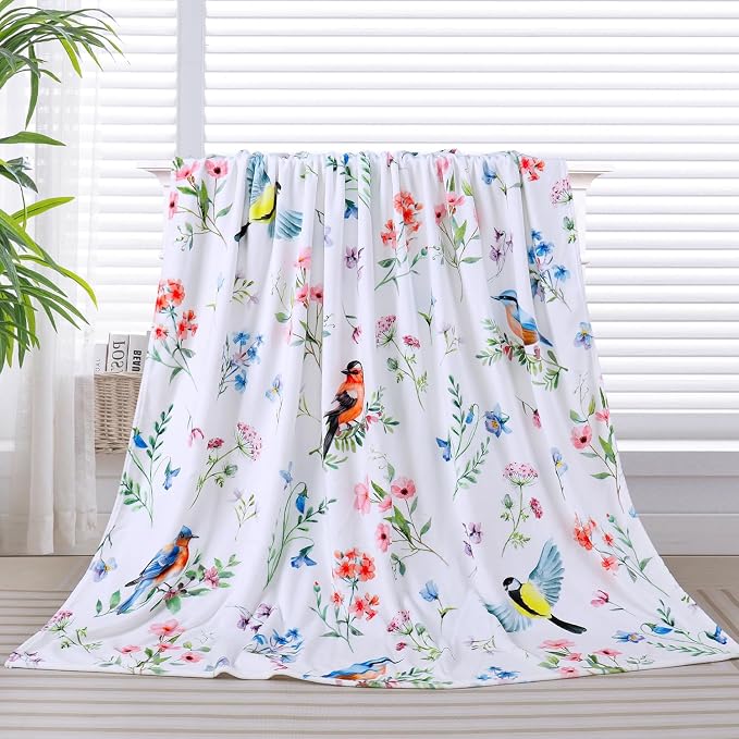 Floral Bird Blanket Ultra Soft Watercolor Flowers Throw Blankets Wildflower Flannel Fleece Throw Botanical Warm Cozy Fuzzy Plus Gifts Cabin Blanket for Bed Sofa,60" X 80"
