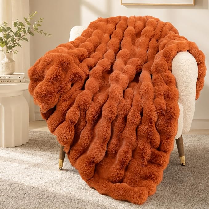 Luxury 1000GSM Rabbit Faux Fur Blanket, Super Warm Cozy Brown Blankets for Couch Bed Sofa, Ruched Plush Fuzzy Elegant Soft Reversible Mink Blanket Living Room Bedroom, 50" x 60",Orange