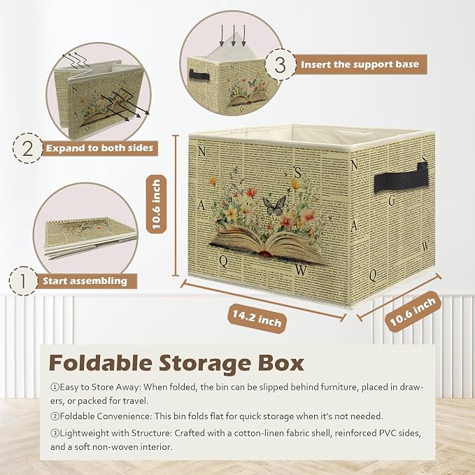 Vintage Book Storage Box Bins, Reading Corner Nook Room Decor, Bookish Librarian Gifts Collapsible Storage Basket Organizer for Home Library Classroom Clothes Books