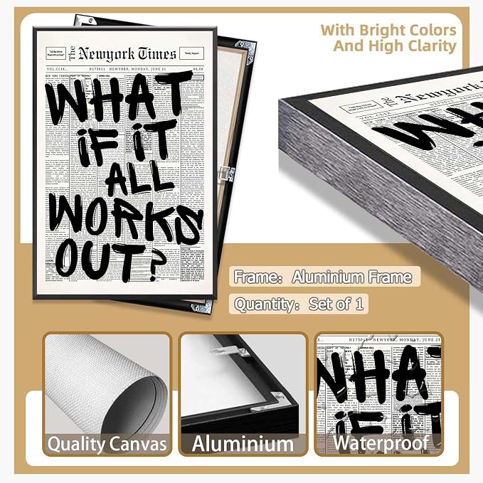 Retro Black And White Newspaper Poster What If It All Works Out Canvas Wall Art Positive Affirming Quote Minimalist Prints Painting For Home Bedroom Dorm Wall Decor 12x16in Framed