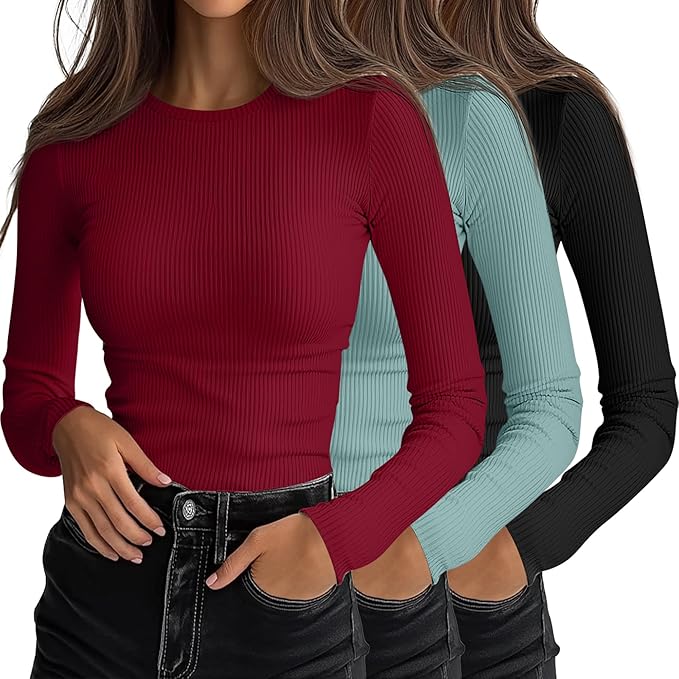 Ficerd 3 Pack Women's Ribbed Long Sleeve Tops, Crew Neck Slim Fit Undershirts Knit Basic Casual Stretch Layering Tee Shirts