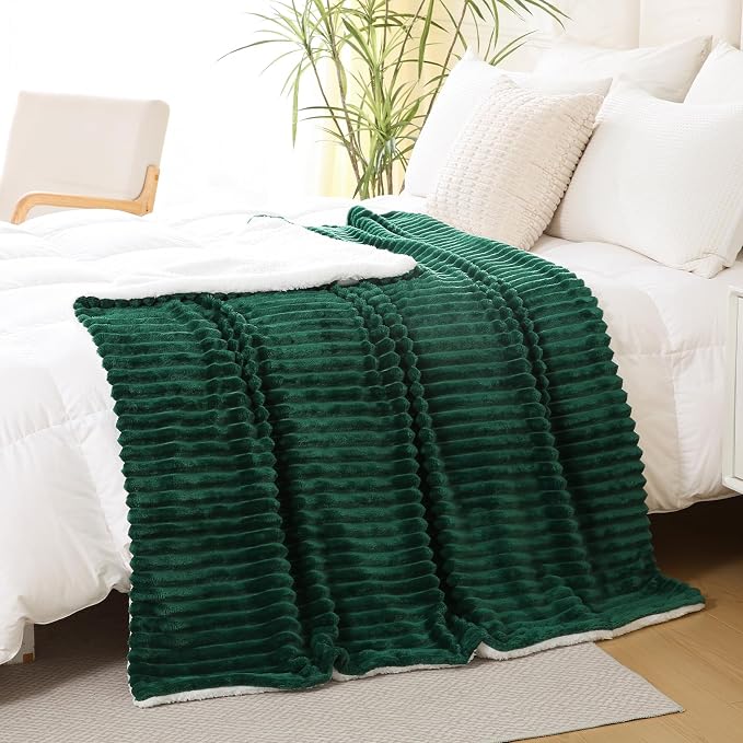 Green Sherpa Fleece Throw Blanket 108”×90”for Couch Sofa | Double Side Soft Fuzzy Cozy Plush Thick Flannel Blanket with Striped Design Gift for Adults,Woman