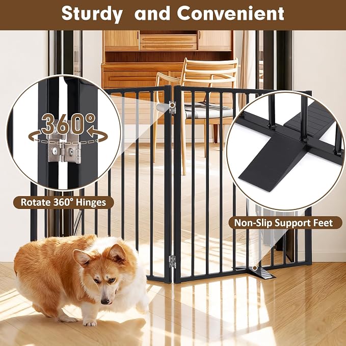 Folding Metal Freestanding Dog Gates Indoor Extra Wide 52" 2 Panels | Heavy Duty Free standing Dog Gate Outdoor - Auto Close, Foldable Pet Fence – Anti-Topple Stability Feet (2 Panels, Black)