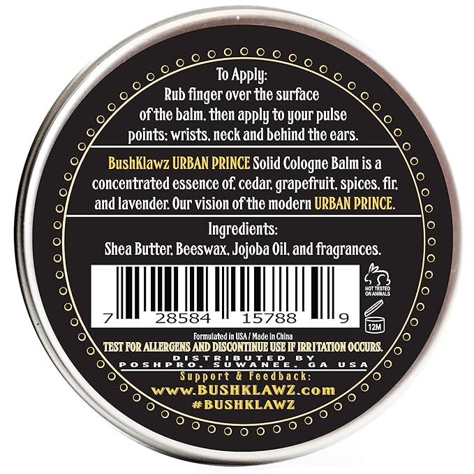 BushKlawz Urban Prince Solid Cologne 1 oz Full Size Alcohol Free Natural Concentrated Travel Friendly Tins Men's Fragrance Manly Scents to Satisfy all Types of Viking Cannon Black Prime