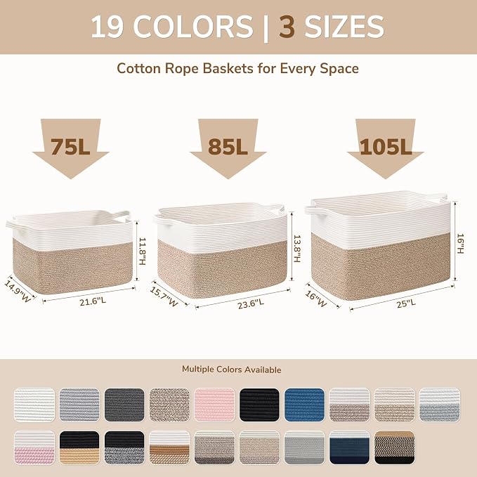 Goodpick Large Woven Blanket Basket 23.6" x 15.7" x 13.8" Cotton Rope Storage Organizer for Dirty Clothes Pillows, Soft Toy Storage Basket for Nursery Home Decor, White & Light Brown